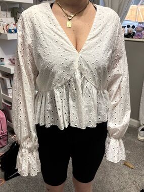 Women’s White Eyelet Peplum Blouse with V-Neck
